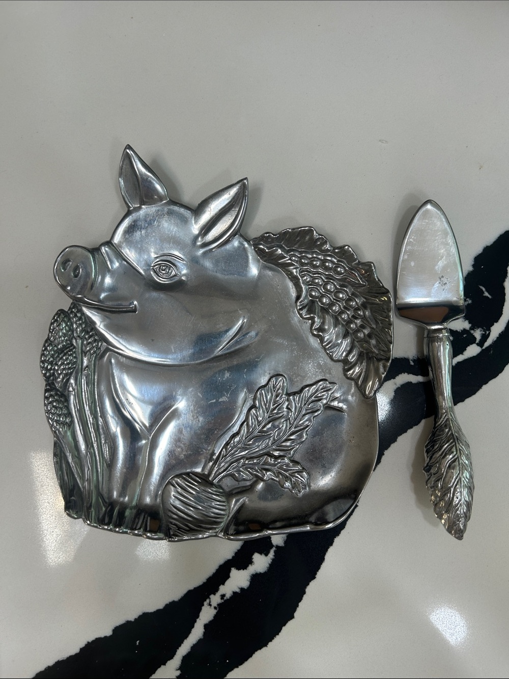 Fitz And Floyd Pewter Pig Plate and Server